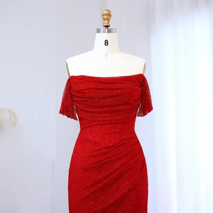 Mila rouge hors de l'épaule colonne robes de soirée paillettes côté haute fente