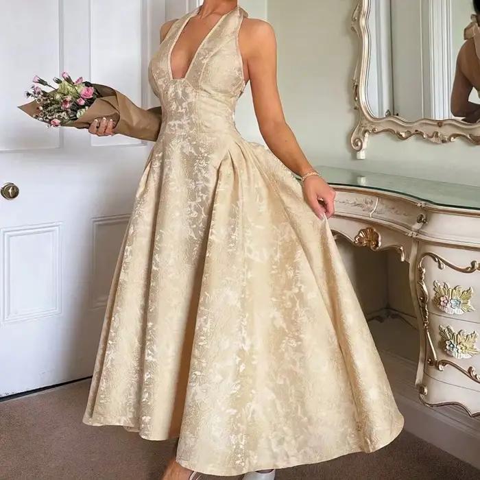 Nouvelles Robes de Soirée Club pour Femmes 2026 – Robe Longue Sexy à Nœud Halter Élégante en Jacquard avec Lacets et Dos Nu pour Anniversaire