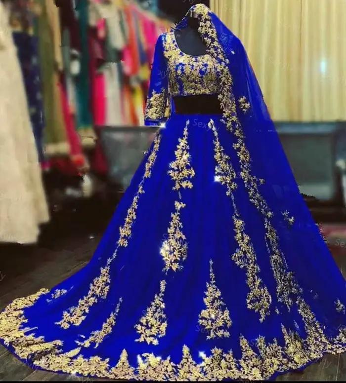 Robes de mariée sexy indiennes arabes bordeaux avec cape voile deux pièces dentelle dorée musulmane demi manches bleu