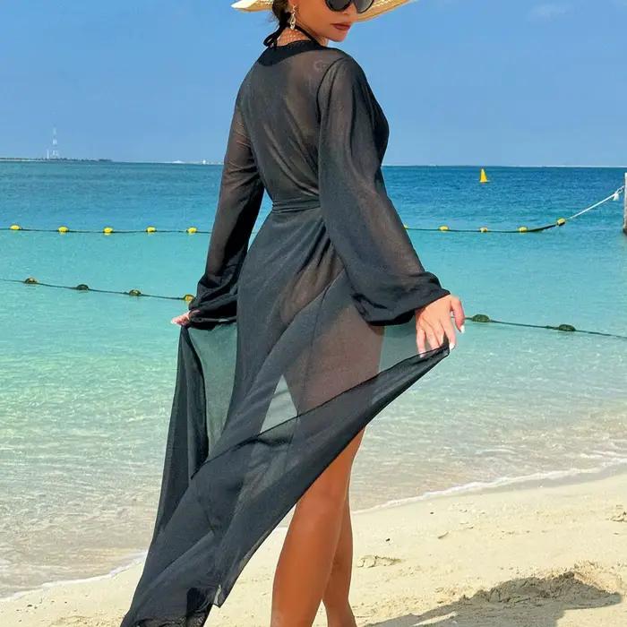 Noir voir à travers les Robes en mousseline de soie femmes Bikini cache-maillot maillot de bain Smock longue robe de