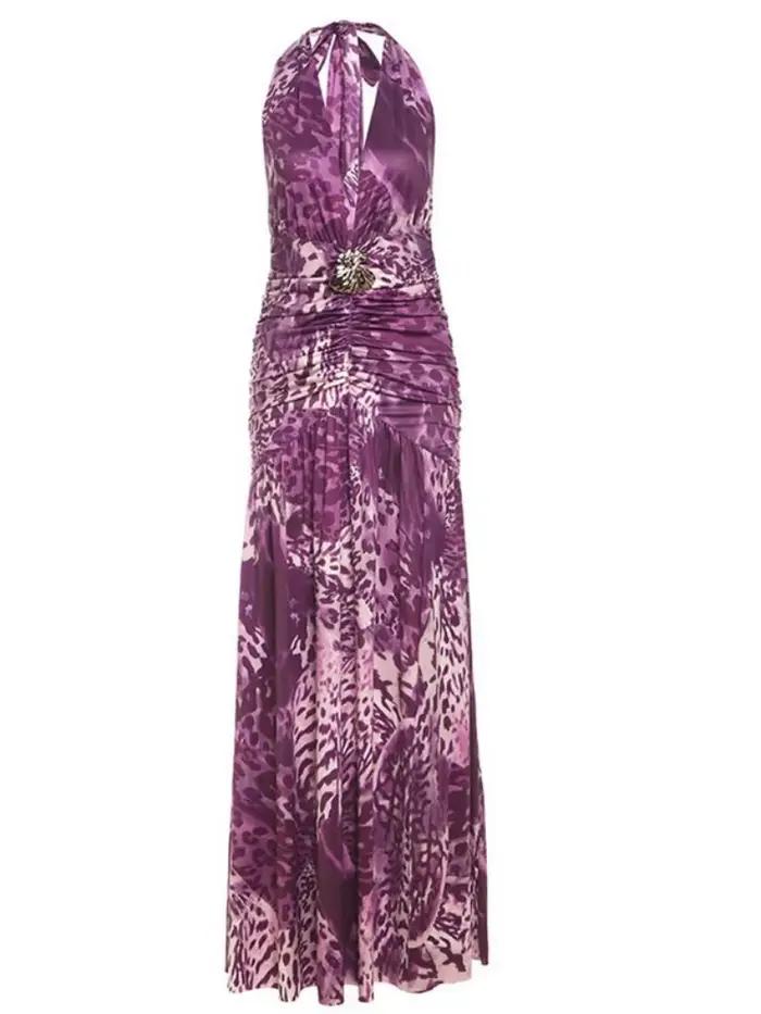 Robes maxi à imprimé léopard violet pour femmes Tenue de plage d'été Décoration métallique Sexy Vestido Feminino Col en V Robe longue Femme É thé