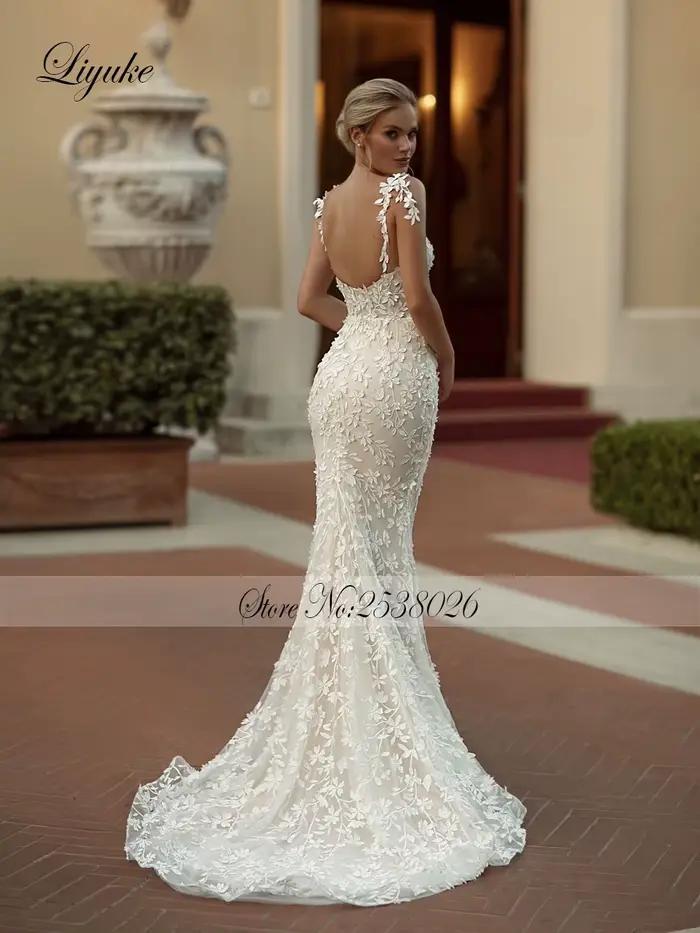 Liyuke personnaliser sur mesure chérie sirène robe de mariée Empire broderie dentelle bretelles Spaghetti sans manches