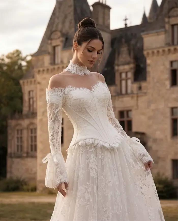 Robe de mariée vintage à épaules dénudées en dentelle