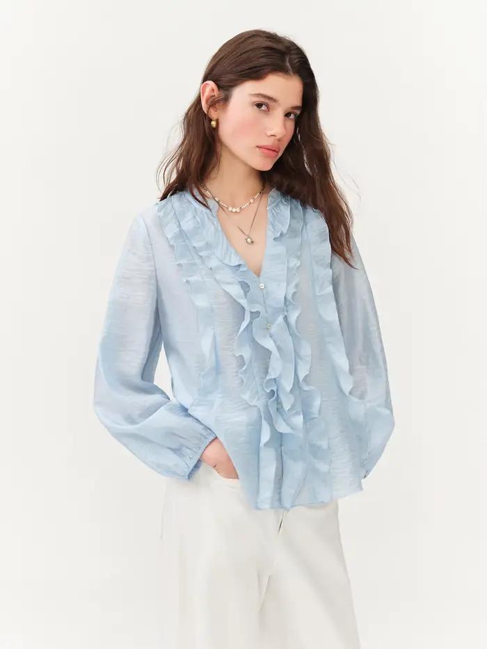 FSLE Nouvelle Collection Été 2026 – Blouse Femme Style Français Col V à Volants