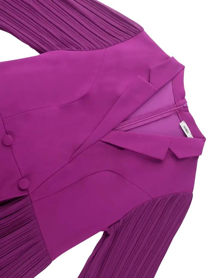 Robe trapèze plissée pour femme, col en V, manches longues lanternes, taille haute, élégante pour bureau et occasions spéciales violet
