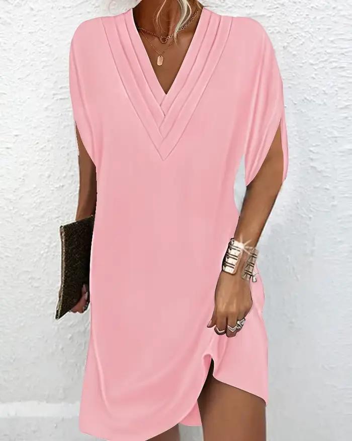 Femmes élégantes multicouche col en V pull robes été chauve-souris demi manches robe nouvelle femme couleur unie