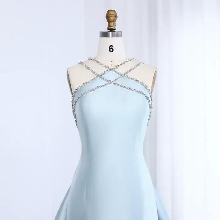 Sharon dit cristal croisé bleu robe de soirée dubaï arabe avec surjupe femmes
