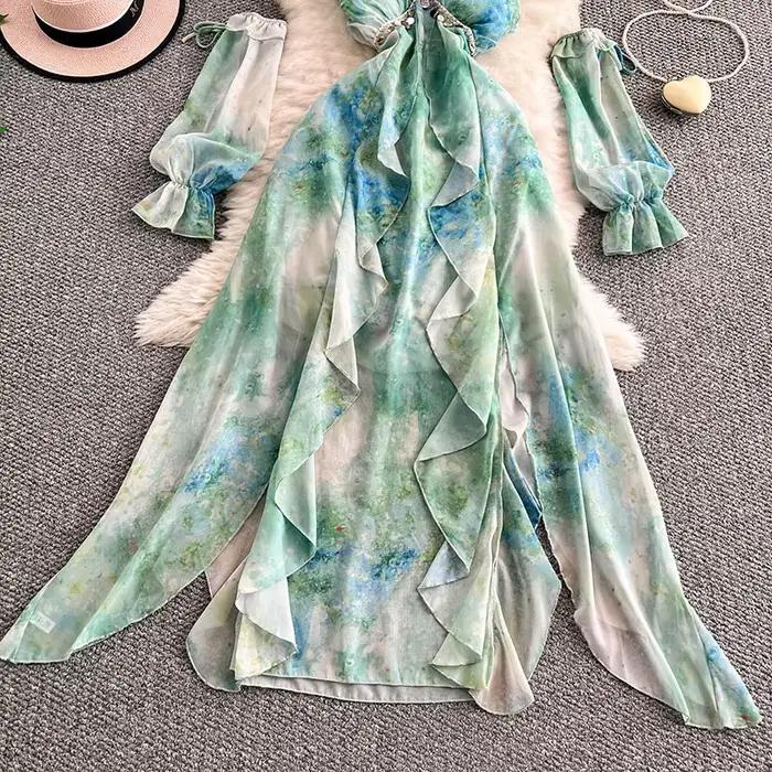 Robe en mousseline de soie gris sans manches pour femmes avec col en V et imprimé champignons à offrir pour été plage et soirées