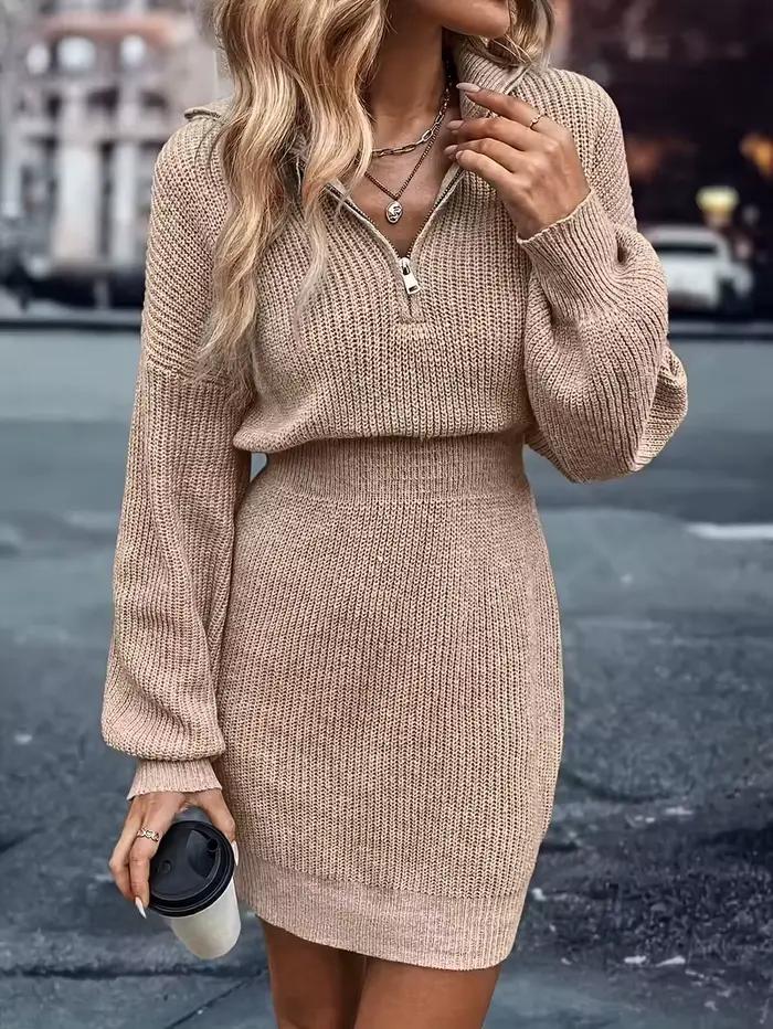 Robe pull tricotée femme mode décontractée col polo coupe cintrée nouvelle collection automne hiver 2025 polyester légèrement extensible pour junior occassions spéciales