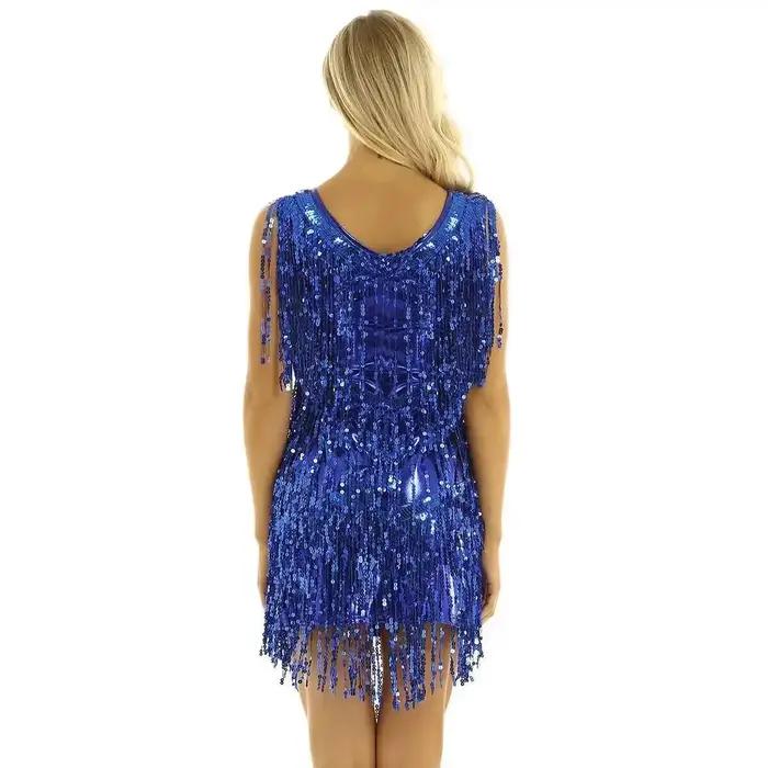 Robe de danse latine à franges et sequins pour femmes