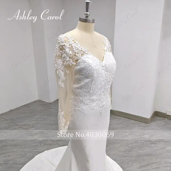 Ashley Carol robe De mariée sirène photos réelles Appliques classiques bouton brosse Train Satin