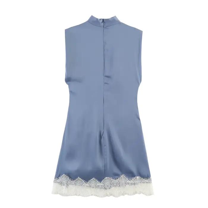 Robe bleue élégante Lyaner Amiily col roulé sans manches ourlet en dentelle à volants mini slim fit automne hiver pour femme occasions spéciales