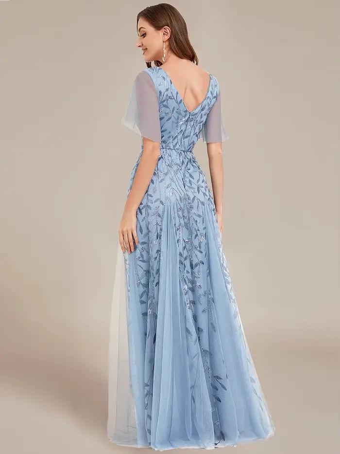 Robe de soirée élégante col en V profond manches à volants demoiselle d'honneur occassions spéciales soirée officielle