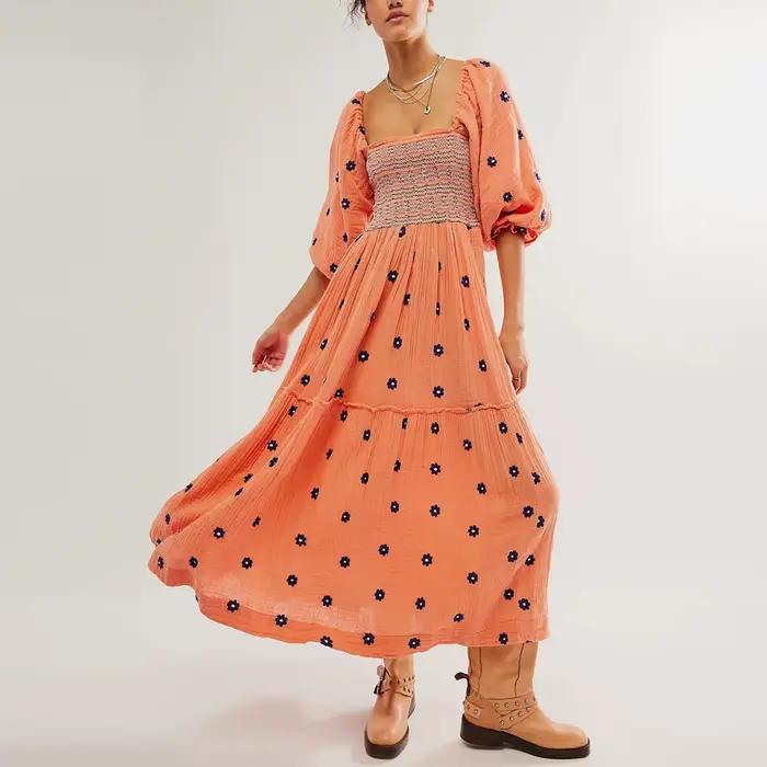 Boho plage coton Chic broderie florale Maxi Robes pour femmes