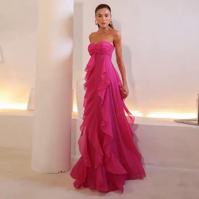 Robes de soirée longues élégantes en mousseline de soie fuchsia pour femmes