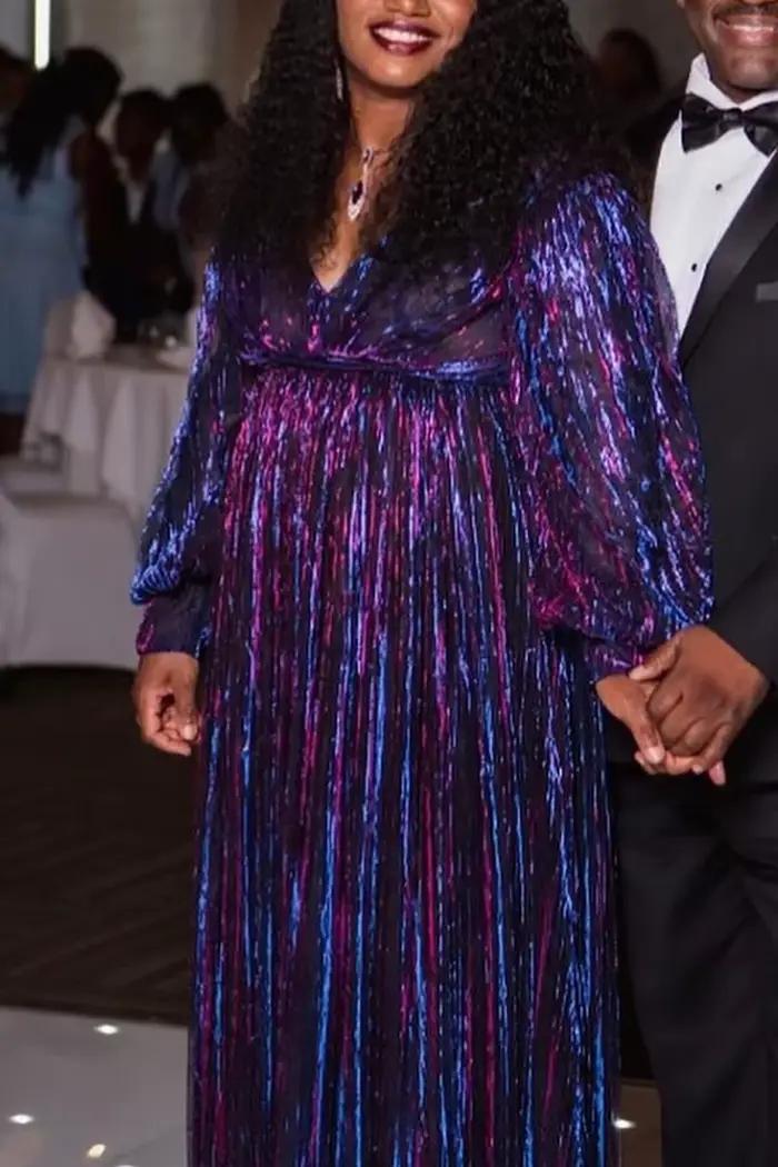 Robe longue formelle multicolore plissée col en V et manches longues grande taille polyester acétate occassions spéciales femmes elegance confort