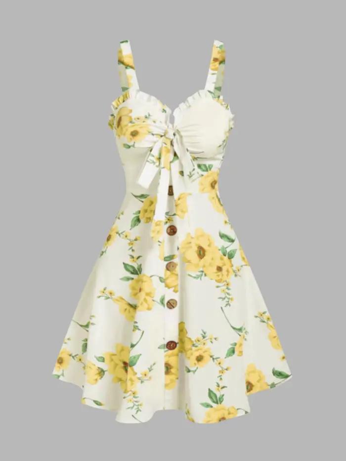 Robe de vacances en polyester imprimée floral avec arc et volants pour femmes, mini robe sans manches pour sorties estivales et occasions spéciales