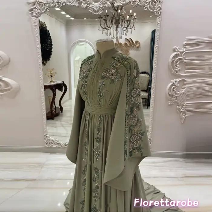 Florettarobe caftan marocain robe de soirée musulmane a-ligne manches longues en mousseline de soie Applique dubaï arabe Abaya islamique personnalisé