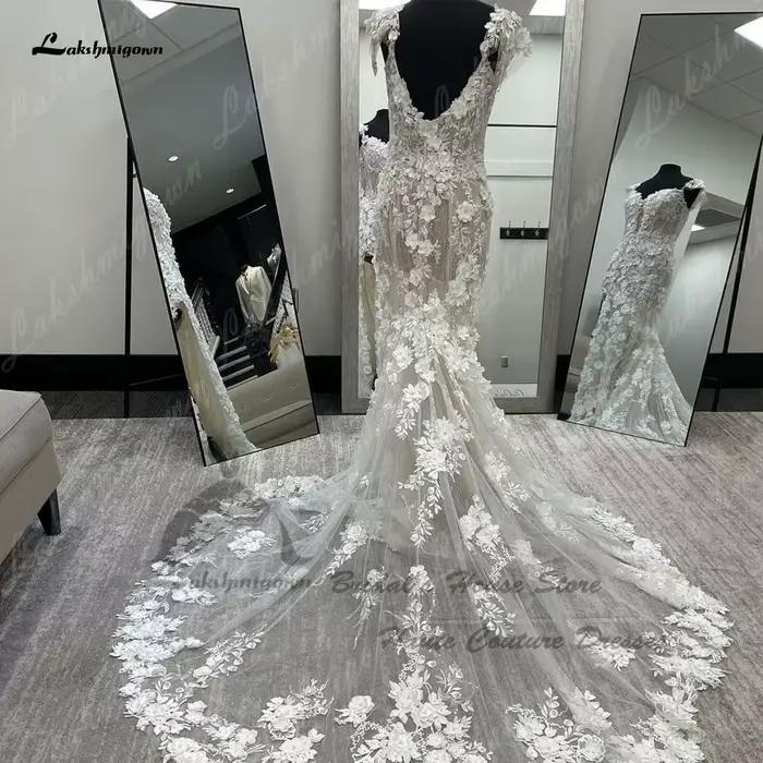 Yanshmigown-Robe de mariée sirène en dentelle florale personnalisée