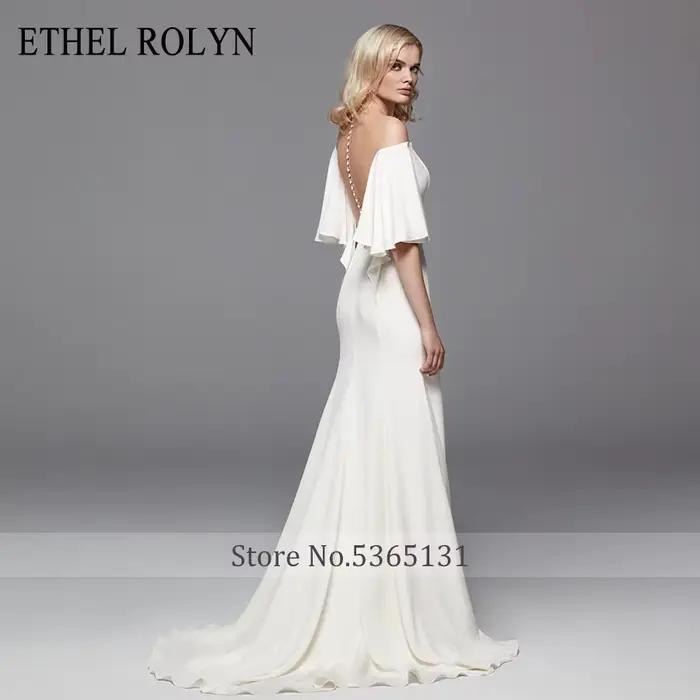 Élégant col bateau sirène robes De mariée Satin manches chauve-souris Illusion dos nu ETHEL ROLYN robe