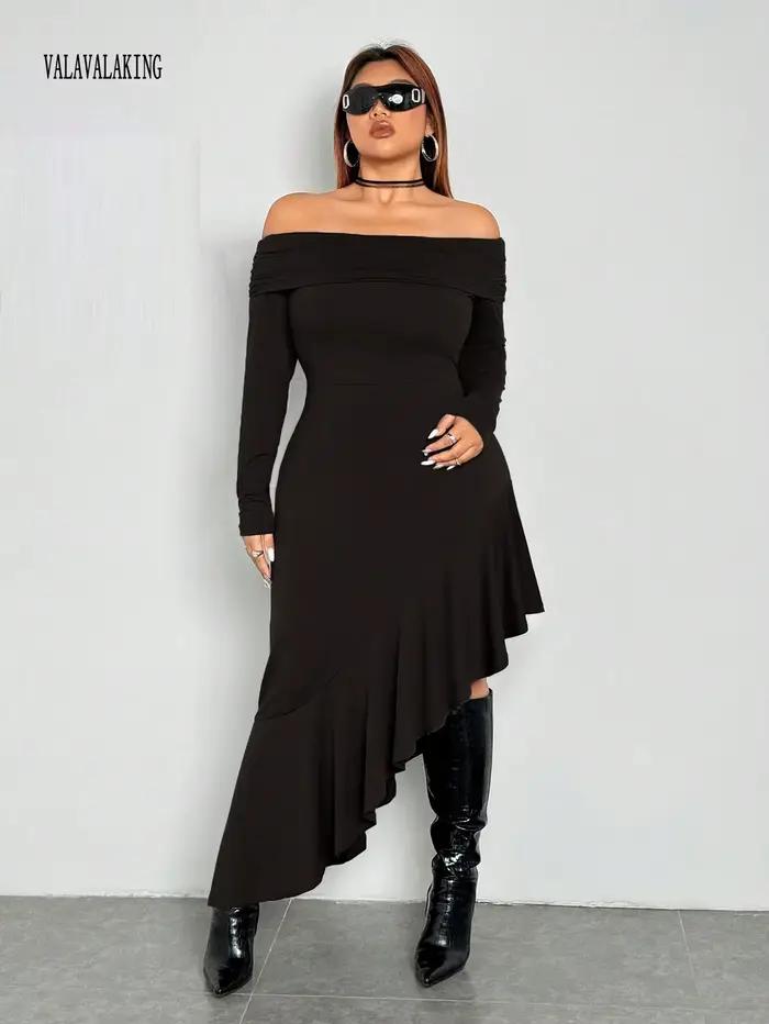 2025 Sexy noir hors de l'épaule grande taille robe longue femmes été à volants Midi