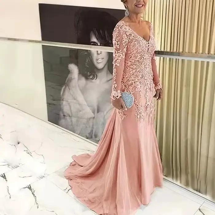 Robe de soirée de luxe personnalisée pour la mère de la mariée silhouette sirène décoration dentelle et appliques longueur au sol pour événements prestigieux