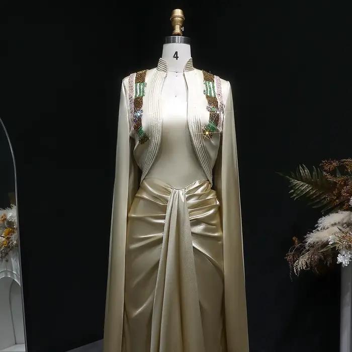 Sharon Said Champagne sirène perles robe de soirée avec Cape drapée pour les femmes