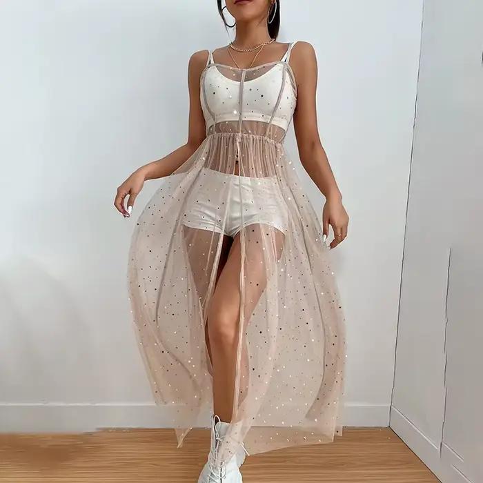 Robe de plage mi-longue fendue à paillettes pour femme