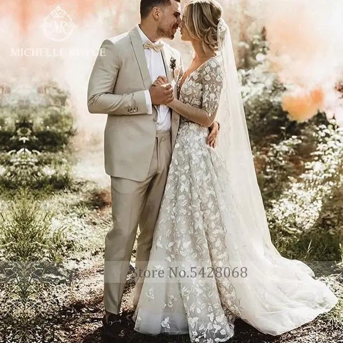 Michelle Royce a-ligne robes De mariée pour les femmes Sexy Appliques dos nu chapelle Train col en v profond robe