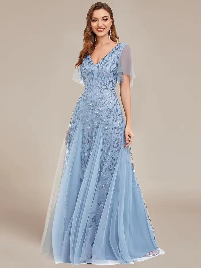 Robe de soirée élégante col en V profond manches à volants demoiselle d'honneur occassions spéciales soirée officielle