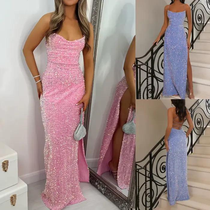 Robe longue de soirée sexy dos nu pour femme