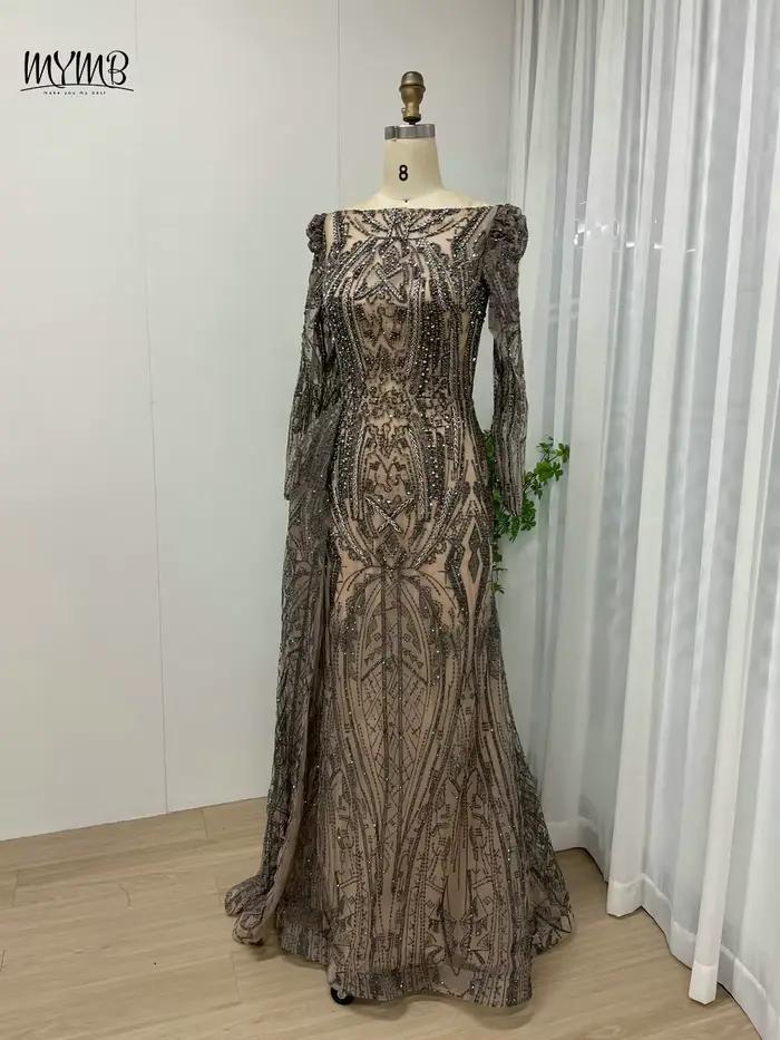Robe de soirée MYMB en polyester sirène perlée avec train latérale pour femmes mariages et cérémonies spéciales