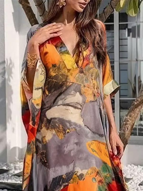 Modigirl femmes vacances imprimé robe Maxi 2025 été Vintage gaze asymétrique élégant manches chauve-souris bohême longues robes