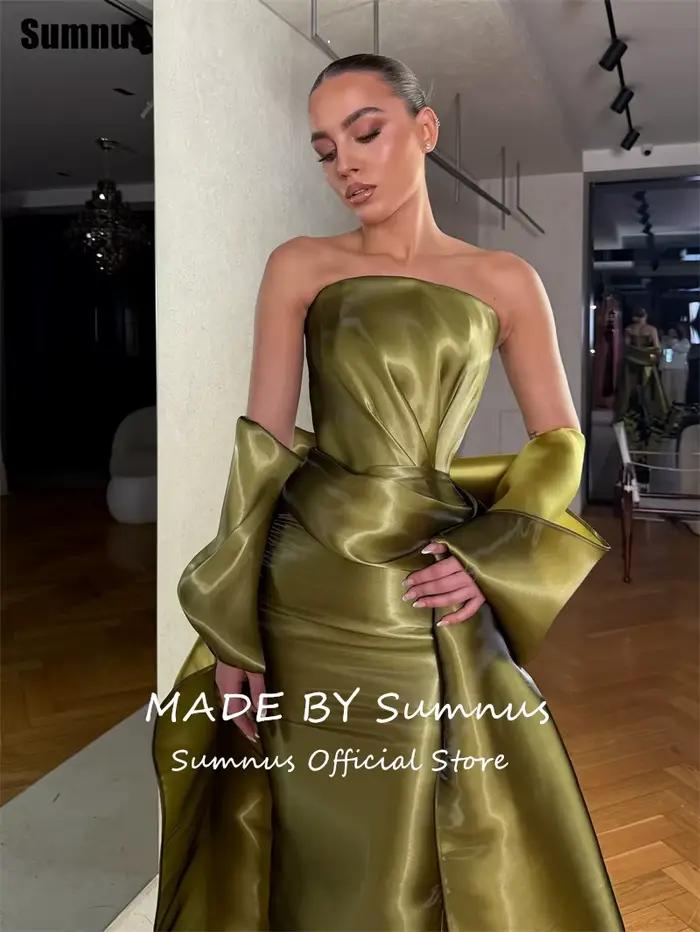 Robes de soirée sirène élégantes Sumnus en satin vert olive sans bretelles avec plis et traîne