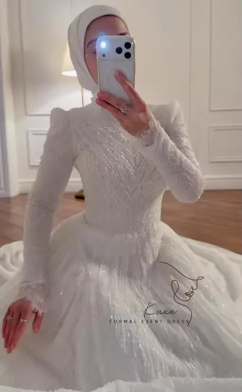 KUXA personnalisé musulman dubaï robes de mariée de luxe dentelle perlée a-ligne arabe manches longues