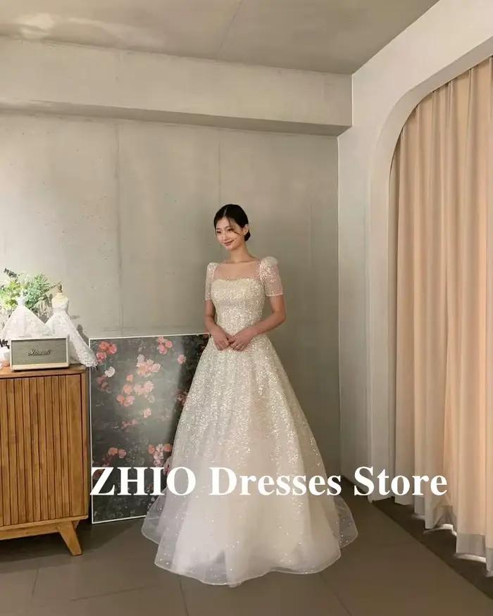 ZHIO robes de mariée à paillettes scintillantes corée séance Photo manches courtes col carré Tulle