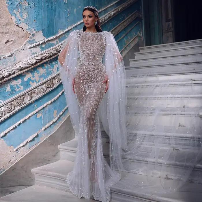Sharon Said luxe dubaï blanc nu sirène robe de soirée avec manches Cape pour les femmes de mariage robes