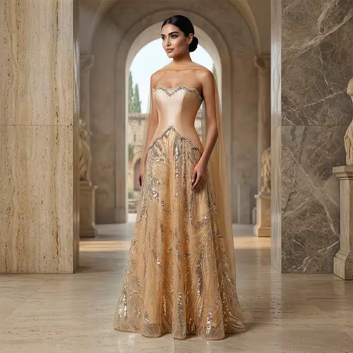 Robe de soirée trapèze de luxe Sharon Said Dubai avec sequins et écharpe