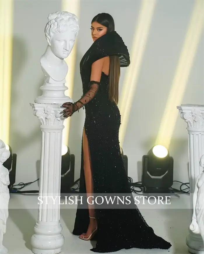 Robe de Soirée Noire Élégante avec Perles et Fente Latérale pour Femme