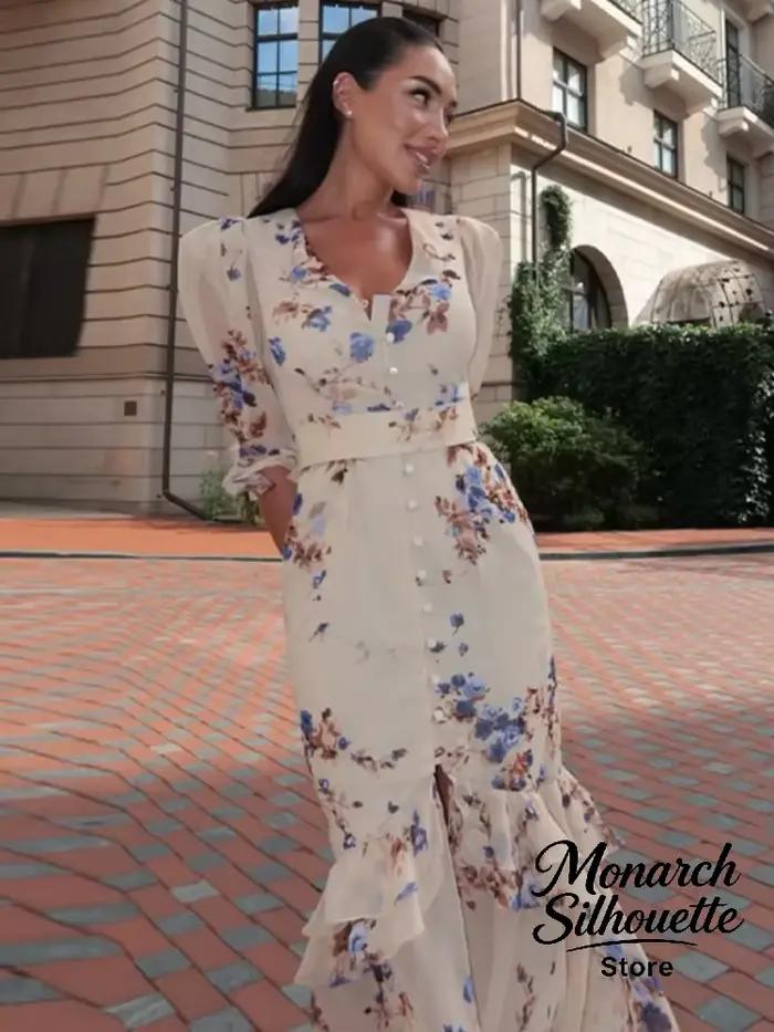Robe longue plissée à manches volantées imprimé floral chic pour femme style urbain et occasions spéciales