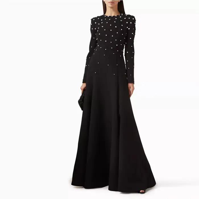 Robe de soirée à perles et col rond pour femmes