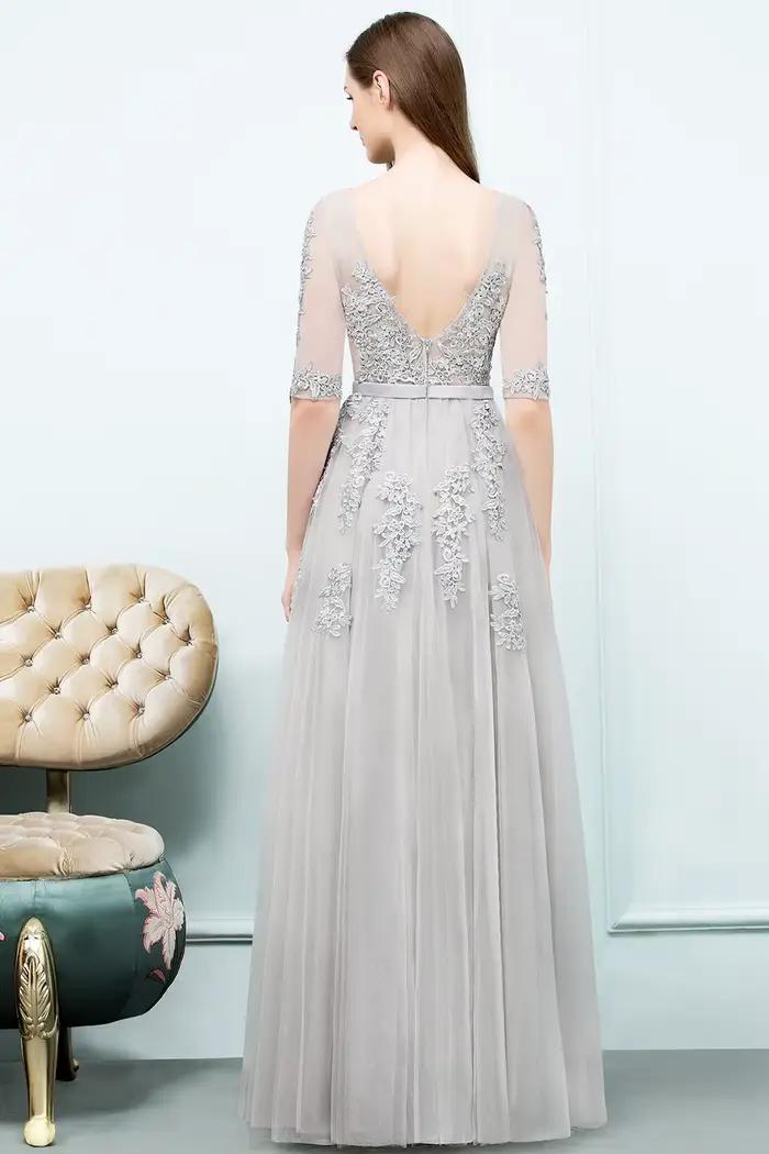 Robe de soirée élégante à manches mi-longues, appliques en dentelle, col en V, dos nu, silhouette Empire pour occasions spéciales et soirées officielles