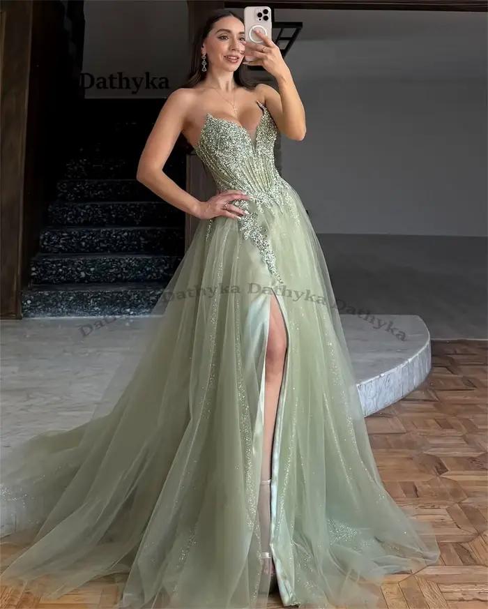 Dathyka glamour a-ligne robes De soirée pour les femmes Illusion paillettes Appliques fente Corset