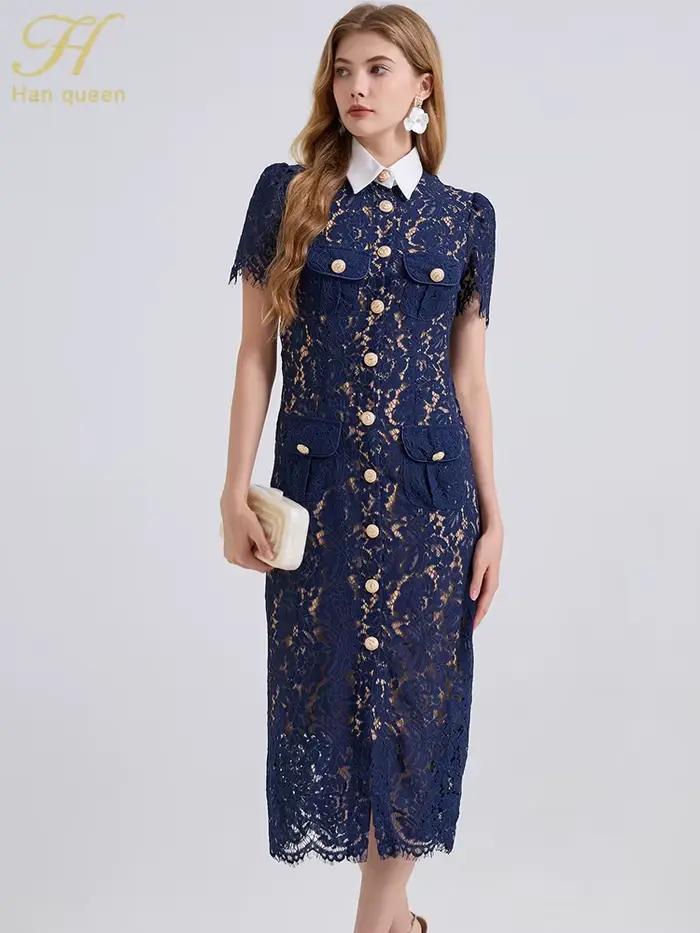 H Han Queen élégant France femmes simple boutonnage dentelle robes femme évider à manches courtes Vintage robe mi-longue