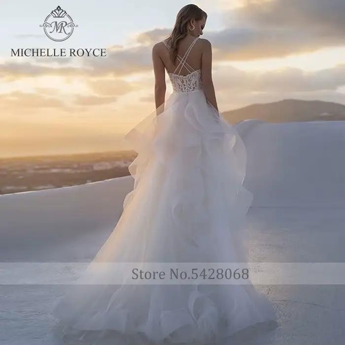 Michelle Royce a-ling robes De mariée Sexy col en v profond à plusieurs niveaux croisé dos nu chapelle Train