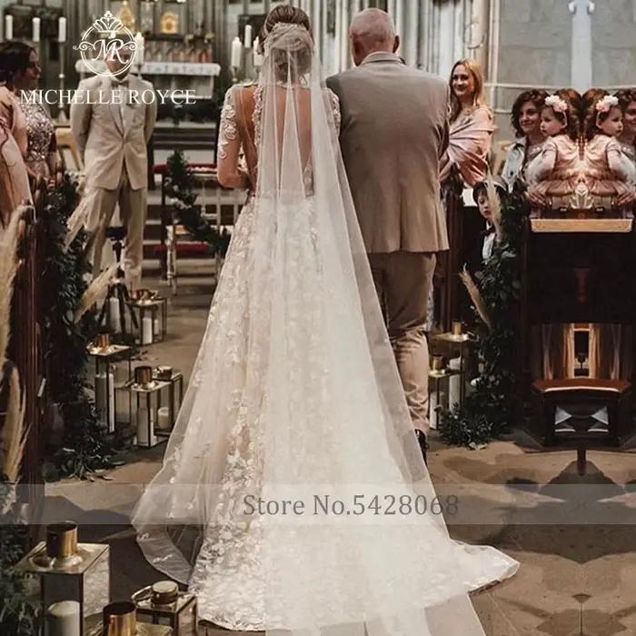Michelle Royce a-ligne robes De mariée pour les femmes Sexy Appliques dos nu chapelle Train col en v profond robe