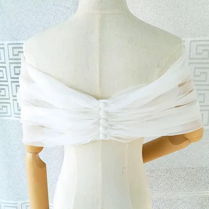 Femmes plissé Tulle Sheer Wrap mariage mariée hors de l'épaule étole élégant formel châle avec bouton ivoire personnalisable
