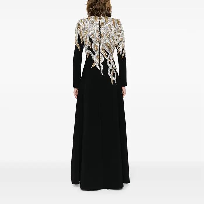 Robes de soirée luxueuses col rond élégantes manches longues perles cristal