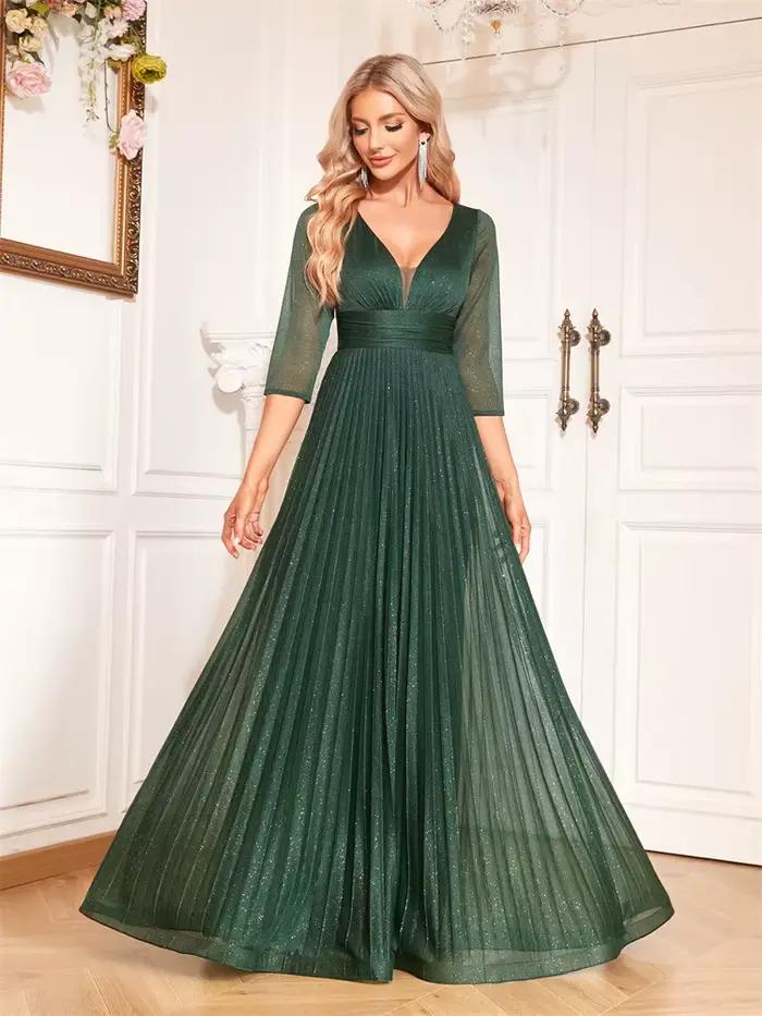 Lucyinlove luxe à manches longues robes de soirée formelles élégant col en v longueur au sol femmes en mousseline de