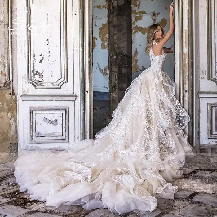 Robe de Mariée de Luxe en Dentelle Brodée sur Filet